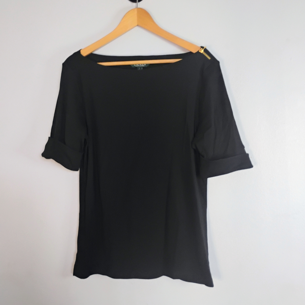 Lauren Ralph Lauren Black Rolled Sleeve Zipper Detail Cotton Blouse Top Size L